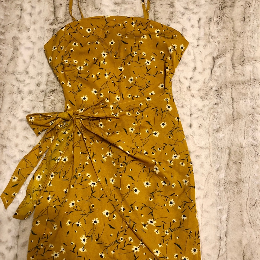 Gold spaghetti strapped wrap dress!
